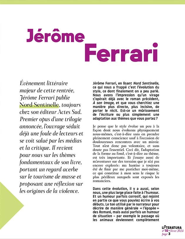 Litteratura N°10 Jérôme Ferrari avec son très attendu Nord Sentinelle